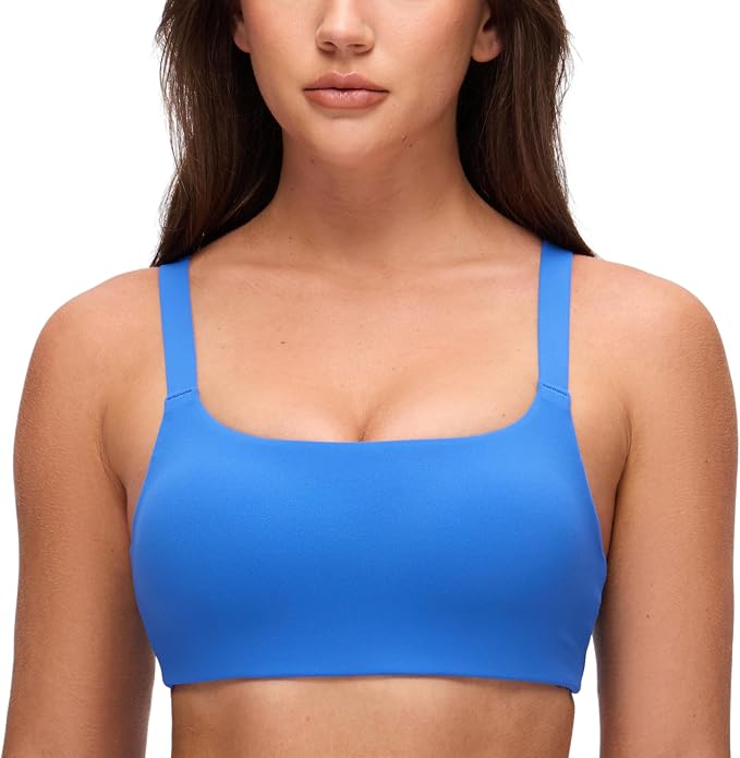 CRZ YOGA Butterluxe Adjustable Wide Strap Sports Bras for Women - Square Back Padded Scoop Neck Yoga Top