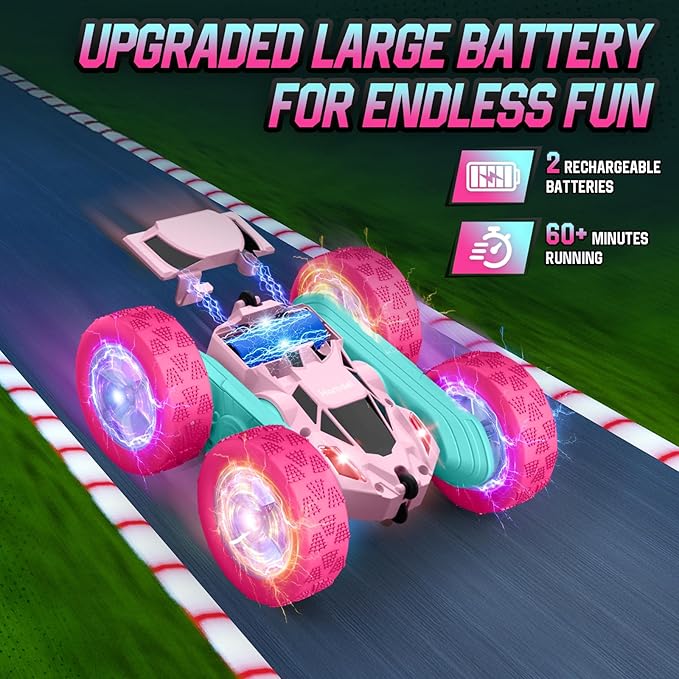 Pink Remote Control Car for Girls,Double Sided 360°Flip, with Headlights, Girl Princess Toys Rechargeable Toy Car for 6-7 6-8 9 10-12 Year Old Girls Birthday