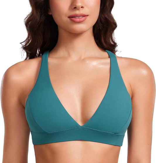 CRZ YOGA Butterluxe Deep V-Neck Sports Bras for Women - Spaghetti Strap Criss Cross Padded Top Low Coverage Wireless Yoga