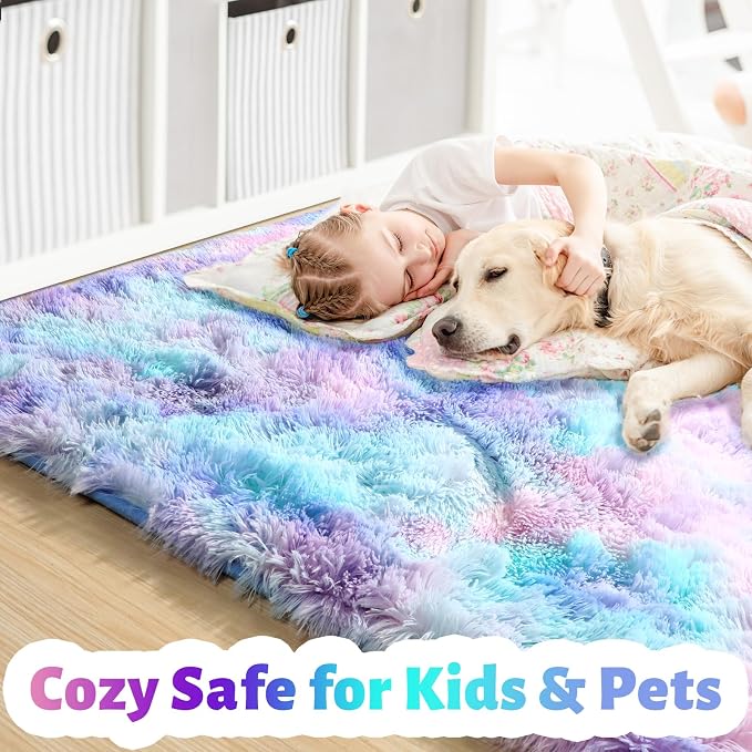 Amdrebio Purple Rainbow 2x3 Small Area Rugs for Bedroom Girls Room Decor, Fuzzy Plush Colorful Mermaid Kids Rugs for Playroom Nursery Dorm, Fluffy Furry Cute Shag Kawaii Carpet for Baby Toddler Teen