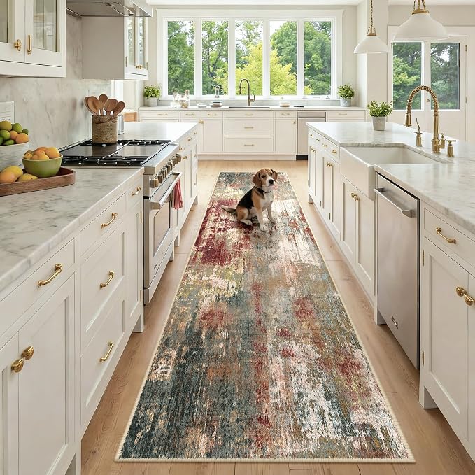 RELEANY Washable Runner 2'6"x10' Abstract Area Rug for Hallway Rustic Brown | carpet for kitchen, entryway, bathroom, living room, bedroom, printed pattern, non-slip, soft, stain-resistant, easy to clean