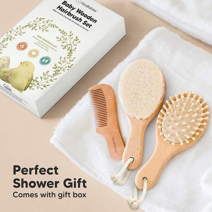 Wooden Baby Hair Brush Set for Newborns, Toddlers - Soft Goat Bristle Baby Brush and Comb Set Newborn Grooming Kit for Cradle Cap Care, Durable & Gentle, Boy, Girl Infant Essentials (Petite, Walnut)