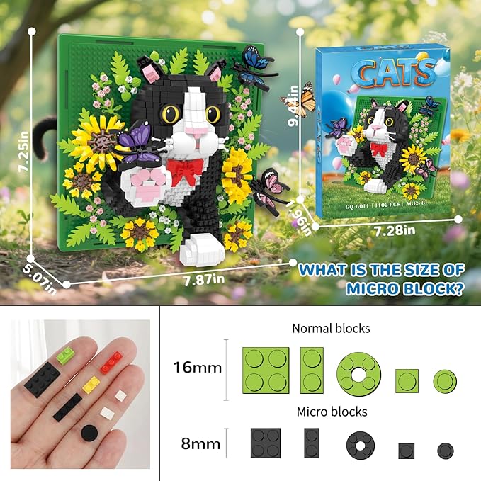 Flowers Cat Animal 3D Wall Art Micro Mini Building Blocks Set, Unique Home Wall Decor or Table Display, No Compatible with Lego Set, Ideal Gift Toy for Adults Boys Girls (1402 PCS)