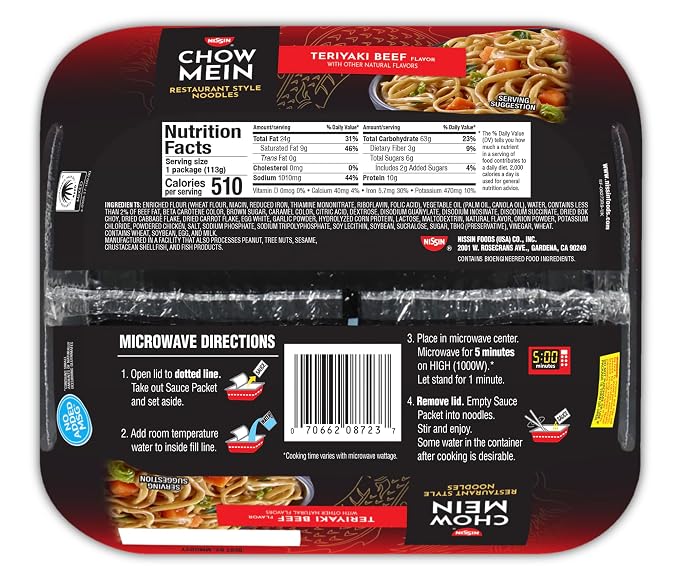 Nissin Chow Mein Noodles, Teriyaki Beef, 4 Ounce (Pack of 8) | 10g Protein