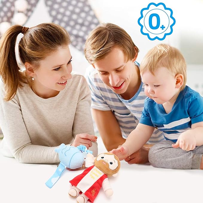 Baby Jesus Hanging Toys with Music Box Crib Toys Car & Stroller Toys Lullaby ﻿Sensory Pull Plush Doll for Babies Baptism First Birthday