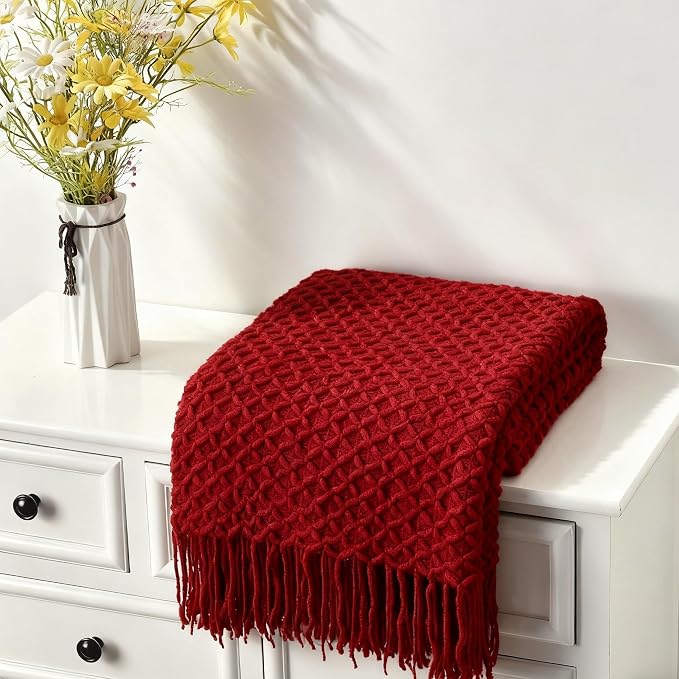 CREVENT Farmhouse Boho Knitted Throw Blanket for Couch Sofa Chair Bed Home Decoration, Soft Warm Cozy Light Weight for Spring Summer Fall (50''X60'' Christmas Red)