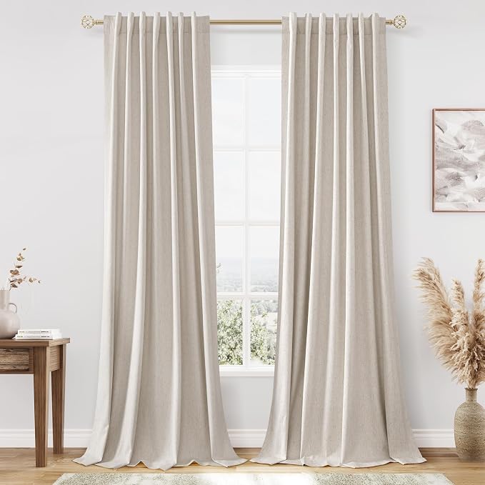 Guken 100% Blackout Linen Curtains for Bedroom 90 inches Long, Thermal Insulated Room Darkening Black Out Drapes for Living Room, Back Tab Rod Pocket 2 Panels Set,Farmhouse,52x90