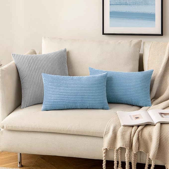 MIULEE Decorative Corduroy Throw Pillow Covers Set of 2 18x18 Light Blue | Soft Striped Textured Cushion Cases, Boho Energetic Vibe Pillowcases for Home Decor, for Couch Chair Sofa Bed Living Room
