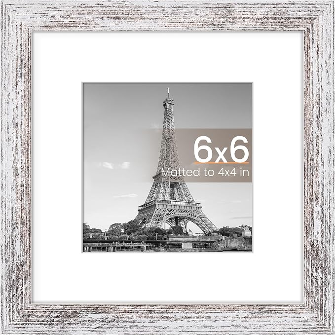 upsimples 6x6 Picture Frame, Display Pictures 4x4 with Mat or 6 x 6 Without, Wall Hanging Square Frames, Rustic White, 1 Pack