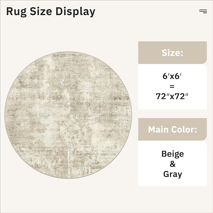 Soalmost Abstract 6x6 Round Rug 6ft Circle Living Room Rugs, Beige/Gray | Washable Vintage Indoor Carpet for Dining Bedroom, Low Pile Stain Resistant Foldable Floor Mat Entryway Home Office Decor
