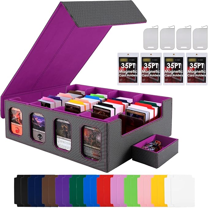 Trading Card Storage Box with Commander Display, 4-Row Deck Case with Removable Lid, 3200+ MTG Deck Box with 24 Colorful Divider, 4 Magnetic Card Holders, 4 Stoppers, Dice Tray(Black Purple)