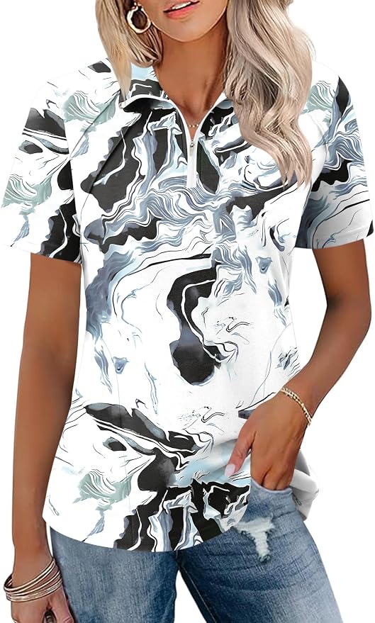 LOMON Womens Golf Polo Shirt Summer Short Sleeve Quarter Zip Outfit | Side-Pockets,Princess Seams,Cotton,Wrinkle Free,Moisture Wicking,Quick-Dry,Lightweight,Collared,for Tennis Workout