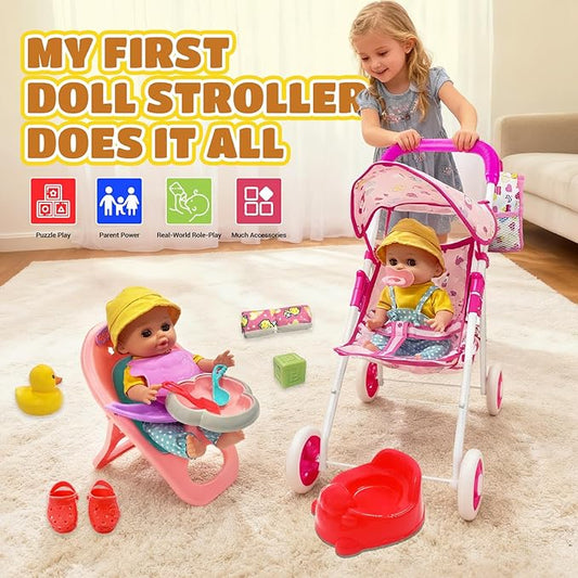 Baby Doll Stroller Set Toys for Girls Toddlers 3-5 4-6 5-7 Gifts, 12.2" Baby Doll Set with 2 Set Doll Clothes, Dining Chair, Baby Stroller Toys for Accessories Pretend Play
