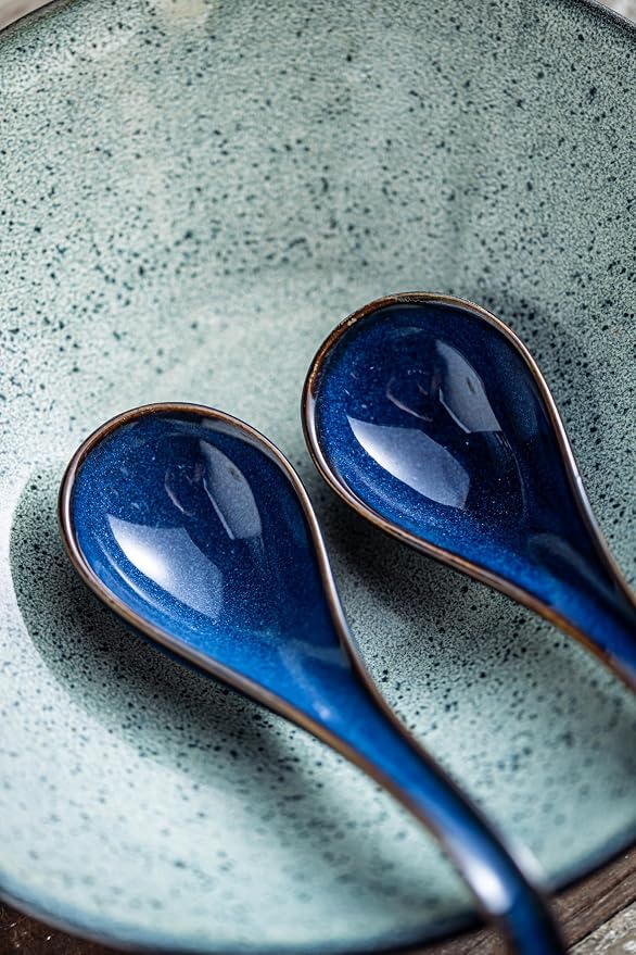 LYEOBOH Soup Spoons set of 6, Chinese Deep Soup Spoon - 6.5 inch Ceramic Korean Tablespoons for Ramen, Rice, Noodle, Asian Spoons with Deep Hook Design, Vintage Blue