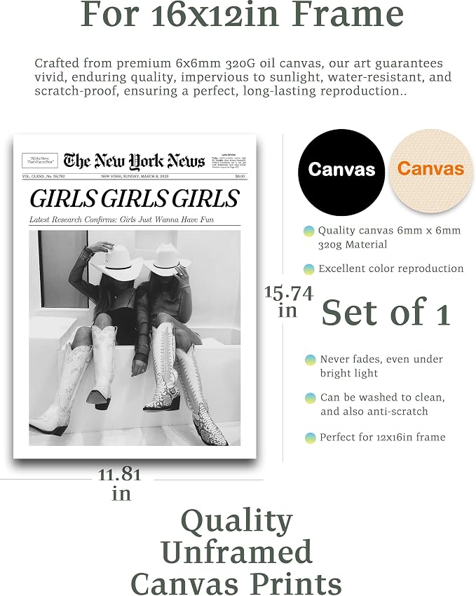 iHery 12x16in Girls Just Wanna Have Fun Unframed Newspaper Wall Art | Unframed Canvas Print, Western Cowgirl Poster Decor for Bedroom 1Pack
