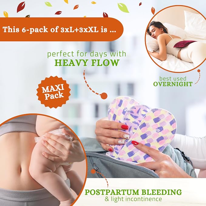 Non Slip Reusable Panty Liners for Women Thong 7-Pack (S) Organic Cotton Panty Liners Reusable & Non Slip Reusable Pads Menstrual Heavy Flow 6-Pack (L+XL) Organic Cotton Cloth Menstrual Pads