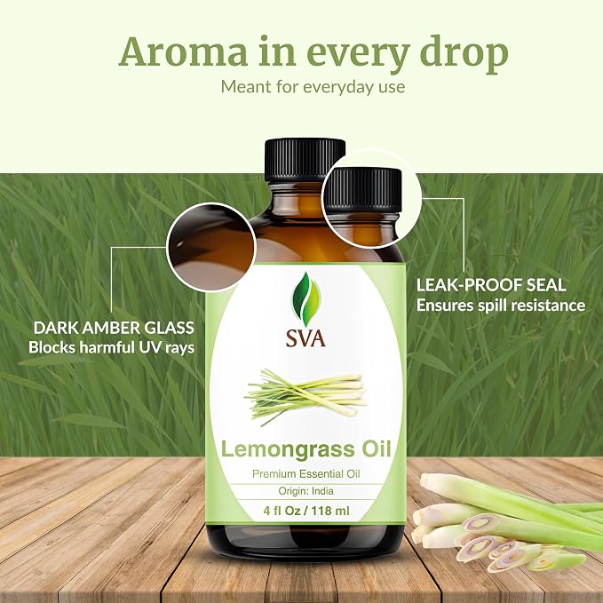 SVA Lemongrass Essential Oil 4 Fl Oz – for Diffuser, Skin & Hair Care – Ideal for Massage & DIY Blends - with Dropper
