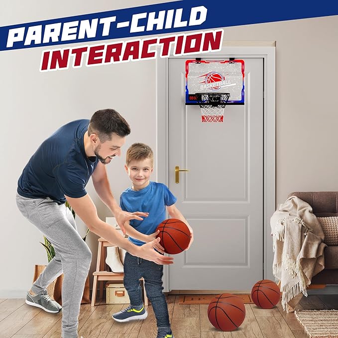 Mini Indoor Basketball Hoop with 7-Color Lights & 3-Light Effects & Scoreboard & Timer,Over The Door Bedroom Office Basketball Hoop for 5-7 8-12+ Year Old Kids Boys Birthday