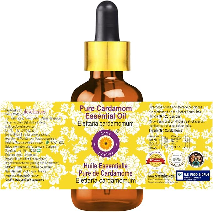 Deve Herbes Pure Cardamom Essential Oil (Elettaria cardamomum) with Glass Dropper Steam Distilled 15ml (0.50 oz)