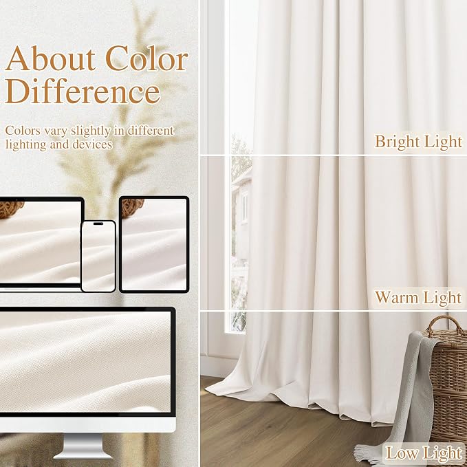 Ivory 100% Blackout Linen Curtains 63 Inch Length 2 Panels Set for Living Room Bedroom Back Tab Thermal Insulated Black Out Drapes Room Darkening Farmhouse Style for Bedroom Window Curtains 52x63