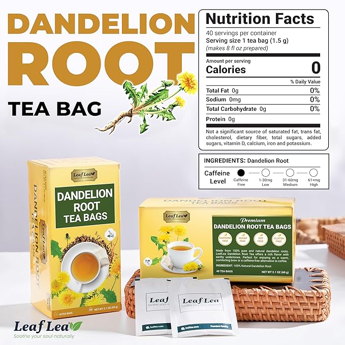 LeafLea Dandelion Root Tea Bags, Natural And Pure, 120 Count | Dandelion Root Herbal Tea, Promotes Healthy Digestion And Immune Function, Caffeine-Free, Sugar-Free, Vegan, Pack Of 3