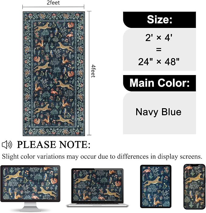 DUKINO 2x4 Rug for Entryway, Animal Washable Rug for Kitchen, Navy Blue | Non Slip, Low Pile, Stain Resistant Indoor Runner Rug for Hallway, Bedroom, Bathroom, Laundry, Pet Friendly, Non-Shedding
