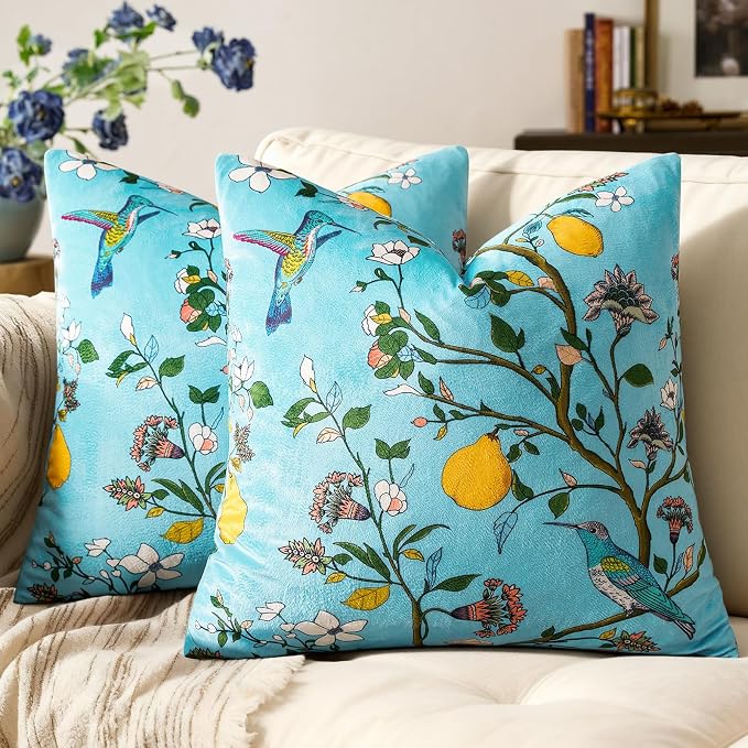 MUSSEL Sky Blue Velvet Floral Decorative 20x20 Pillow Covers Set of 2 | Durable Sturdy,Botanical Printed Pattern,Throw Pillows Case,Square,Colorful Mid Century Cushion Covers,Sofa Couch Decor