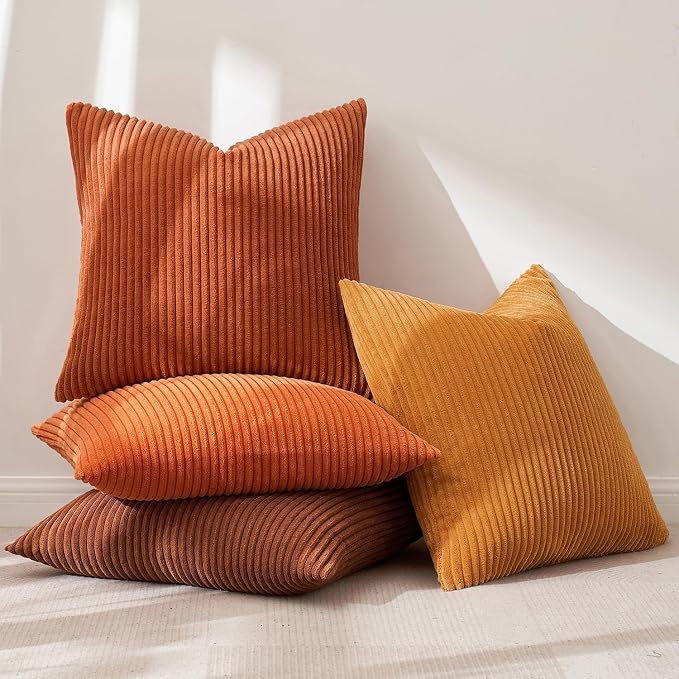 MIULEE Fall Corduroy Decorative Throw Pillow Covers Orange Rust 18x18 | Set of 4, Vintage Retro Fall Decor, Autumn Harvest Collection, Boho Farmhouse Cushion Covers for Couch Bed Sofa Living Room