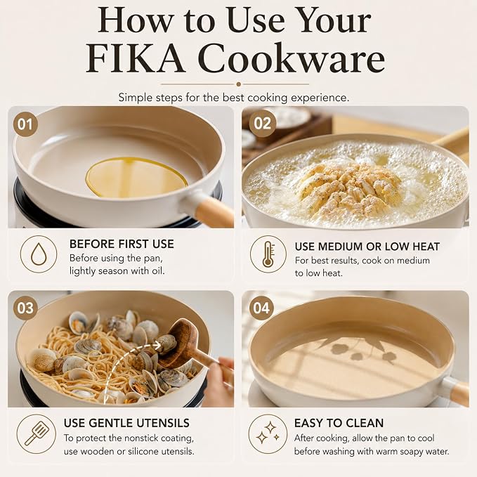 FIKA 9.5" Ceramic Coated Nonstick Frying Pan (24cm), Natural Wood Handle, Egg & Omelet Skillet for Sautéing and Everyday Cooking, All-Cooktop Compatible, Made in Korea