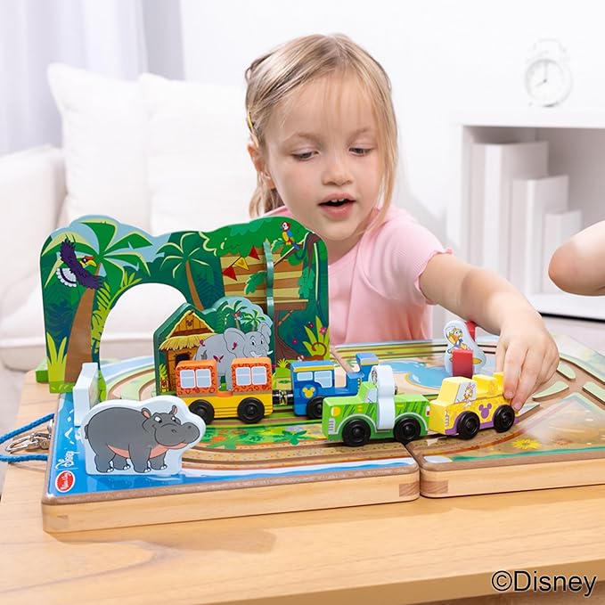 Melissa & Doug Disney Take-Along Safari Adventure Wooden Play Set with Built-in Tracks – 20 Pieces | Mickey Mouse, Minnie, Wooden Toy for Boys and for Girls 3+ - FSC Certified