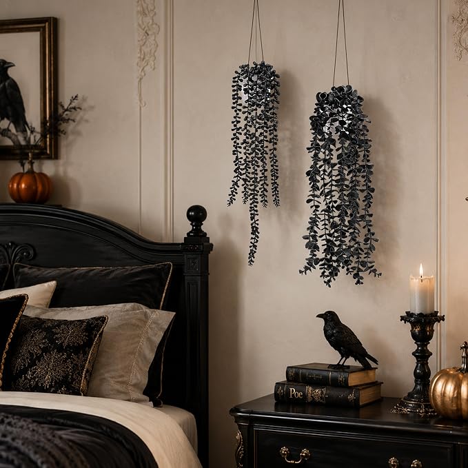 Der Rose 4 Pcs Fake Hanging Plants for Halloween Bathroom Decor Indoor | Black and purple party decorations for gothic halloween decor, bathroom shelves, covered porches and Halloween mantel decor