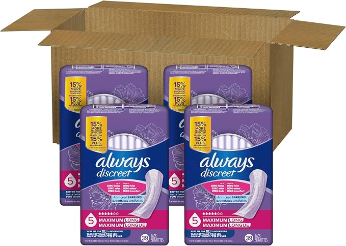 Always Discreet Adult Incontinence Pads for Women, Drier, 5 Drop Long Length, Heavy Absorbency, Pads for Bladder Control Management, Bladder Leaks, & Postpartum Pads, 156ct