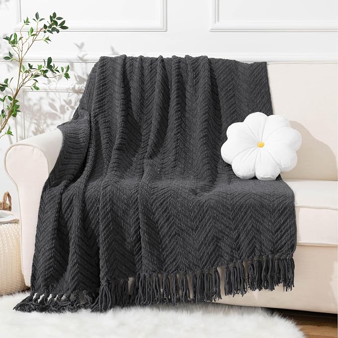 BATTILO HOME Dark Grey Throw Blanket for Couch, 60"x80" | Knit Charcoal Throw Blanket Versatile for Chair, Super Soft Warm Grey Blanket with Tassels for Bed, Sofa and Living Room
