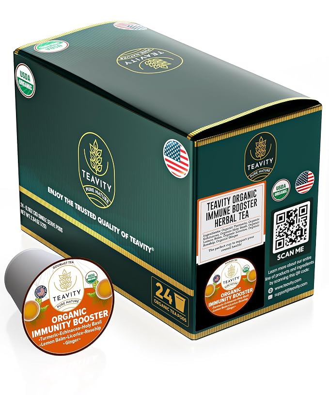 Organic Ginger Tea Pod with Echinacea, Turmeric, and Licorice for Keurig, Decaf by Teavity (24 Tea Pods)