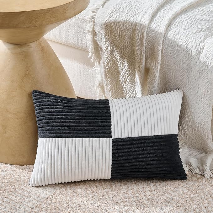 Fancy Homi Set of 2 Black White Long Lumbar Decorative Throw Pillow Covers 12x24 Inch for Couch Bed Sofa, Modern Farmhouse Boho Home Decor, Soft Striped Corduroy Rectangle Accent Cushion Case 30x60 cm
