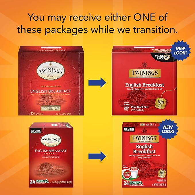 Twinings English Breakfast Tea K-Cup Pods, 24 Count (Pack of 1) + English Breakfast Tea Bags, 100 Count (Pack of 1)