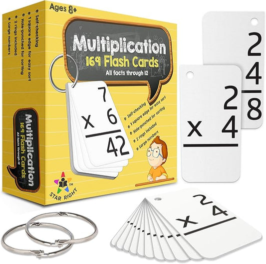 Star Right Multiplication Flash Cards - 169 Hole-Punched Math Study Multiplication Cards with 2 Binder Rings - Times Tables Practice Set for Kids Ages 8 and Up at Home or School