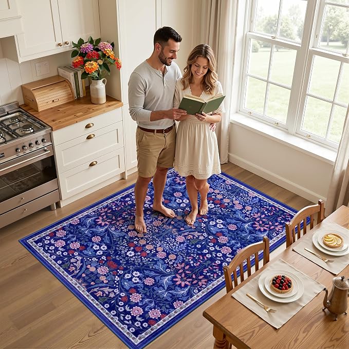 Area Rug Living Room Rugs: Floral 3x5 Washable Rug Vintage Soft Boho Non-Slip Carpet Indoor Floor Stain Resistant Large Carpets for Bedroom Dining Room Farmhouse Nursery Hallway Blue
