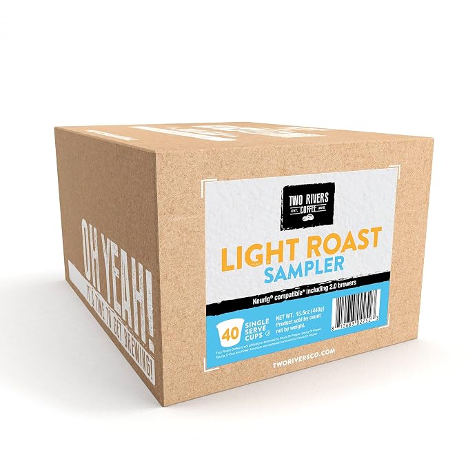 Two Rivers Coffee Light Roast Coffee Pods, Compatible with K Cup Brewers Including 2.0, Assorted Variety Sampler Pack, 40 Count