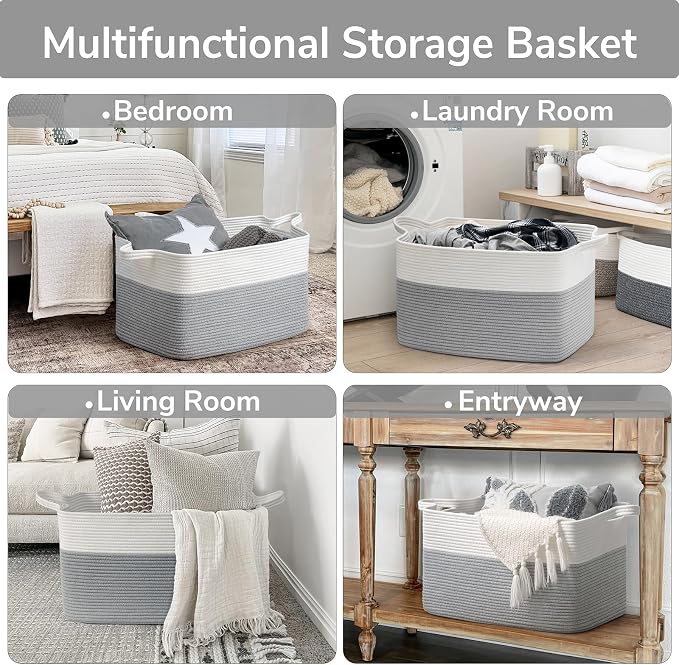 Goodpick Large Woven Rope Blanket Basket, Rectangle, White Gray | 21.6'' x 14.9'' x 11.8'' Storage Basket for Toys, Blankets & Clothes, Nursery & Bedroom Organization, Reinforced Handles