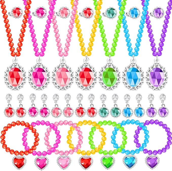 Princess Jewelry Set for Little Girls with Necklace Bracelets Rings Earrings Birthday Gifts Party Favors Pretend Play Dress up Costume Friendship Jewelry for Toddler Girls