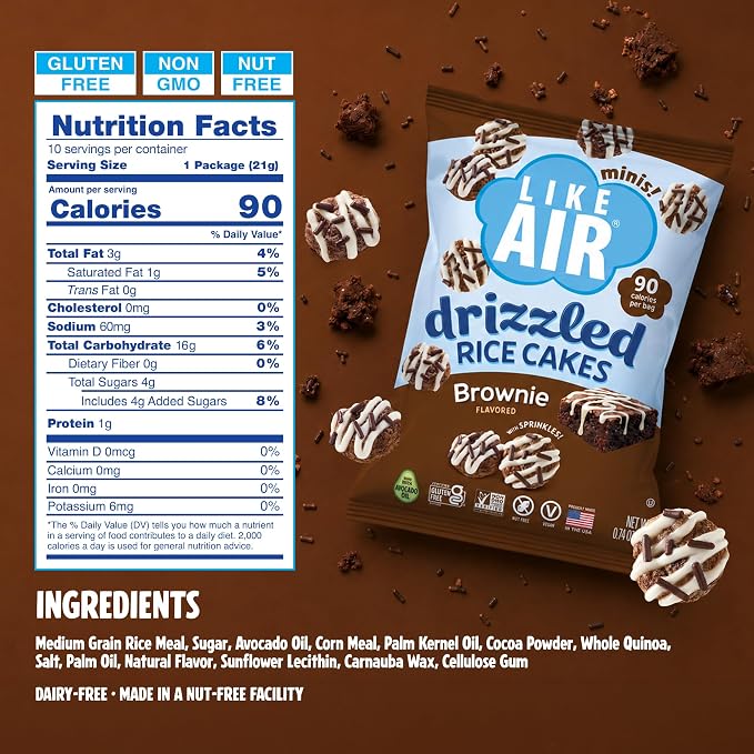 Like Air Drizzled Rice Cakes - Brownie Snack Box (10ct) Vegan/Nut-Free | Brownie Snack Pack (Pack of 10) - 90 Calories Per Bag, Gluten Free Snacks For Kids, Kosher