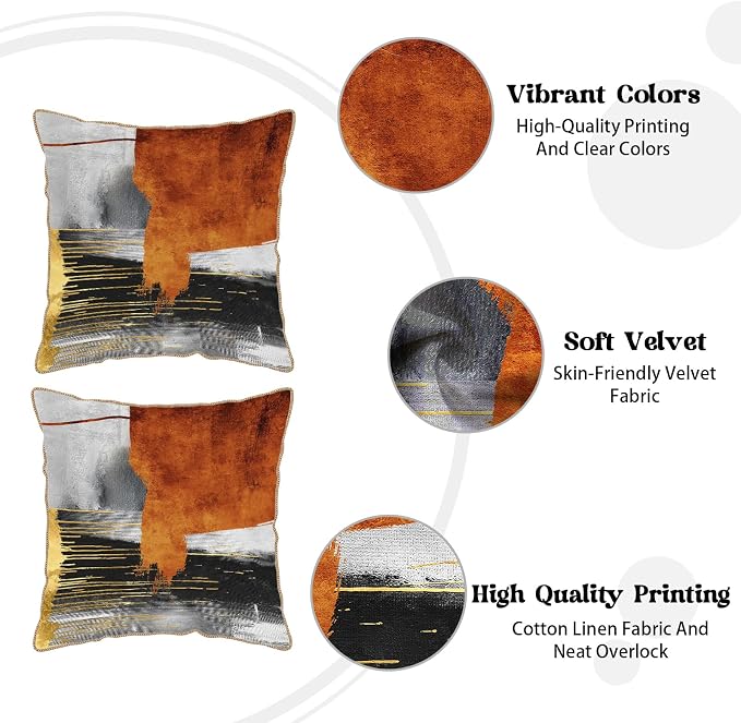 Burnt Orange Gold Grey Soft Velvet Throw Pillow Covers Set of 2 Taupe Gray Abstract Art Painting Decorative Pillow Covers 16x16 Inch Modern Retro Pillow Case For Sofa Couch Living Room Home Decor