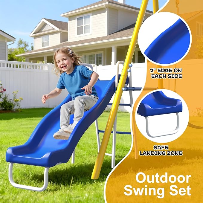 Heavy-Duty 5-in-1 Metal Swing Set for Backyard, Outdoor Playset for Kids 3-12 with Slide, 2 Swings, Basketball Hoop & Gymnastic Rings, Easy Assembly