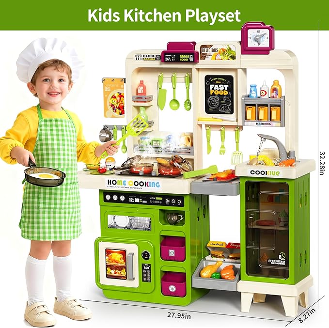 Kids Kitchen Playset, Play Kitchen with Electric Stove, Grill, Sink, Play Food, ToyKitchen Accessories, Kitchen Interactive Play with Lights Sound Steam, Cooking Toys for Toddler Kid Gifts