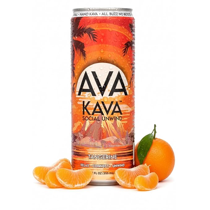 AVA Kava | Alcohol-Free Relaxation Drink | Tangerine | Fast Acting Nano Kava • Zero Sugar Alcohols • Vegan • Plant Based • No Preservatives • Natural Flavors • Non GMO • Gluten Free | 12oz Cans (6-Pack)