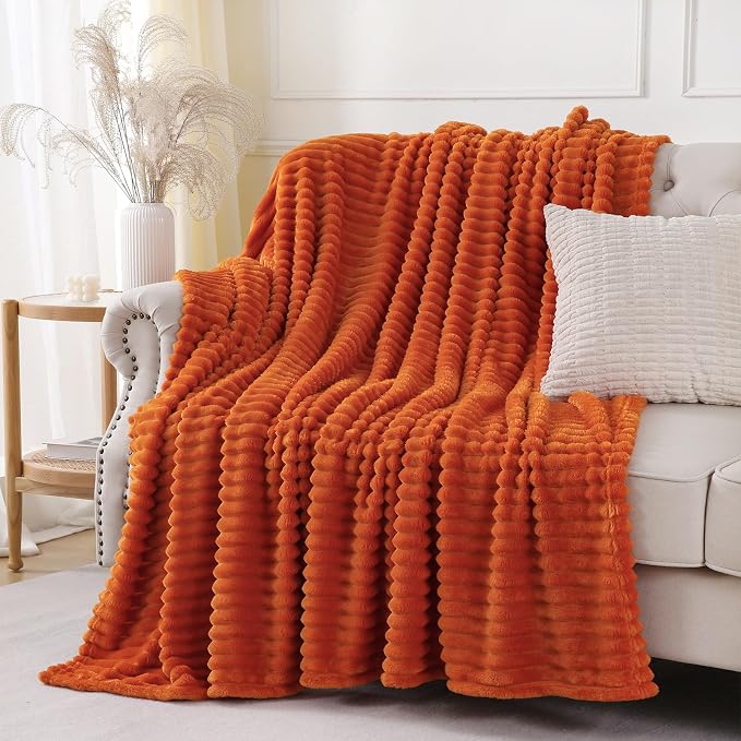 Orange Throw Blanket for Couch Sofa 50x60 inches Striped Design | Fleece Blankets Room Home Decor Lightweight Plush Soft Cozy Gifts for Women Mom