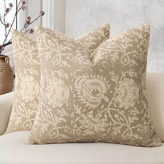 Vintage Floral Print Throw Pillow Covers 26x26 Set of 2 Neutral Modern Farmhouse Pillowcases Accent Decorative Cushion Covers Boho Home Decor for Couch Sofa Chair Bed Living Room, Latte