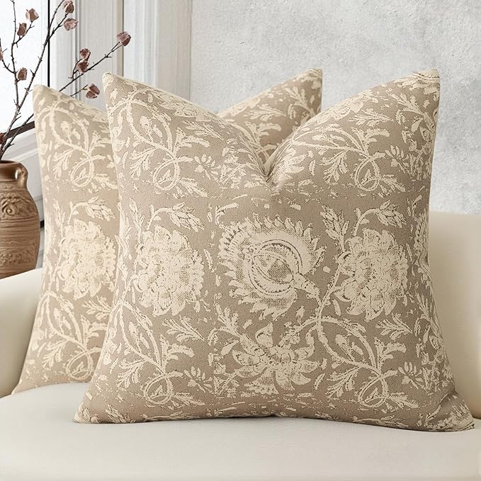 Vintage Floral Print Throw Pillow Covers 20x20 Set of 2 Neutral Modern Farmhouse Pillowcases Accent Decorative Cushion Covers Boho Home Decor for Couch Sofa Chair Bed Living Room, Latte