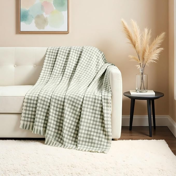 CREVENT Farmhouse Boho Knitted Throw Blanket for Couch Sofa Chair Bed Home Decoration, Soft Warm Cozy Light Weight for Spring Summer Fall (50''X60'' Plaid Green)